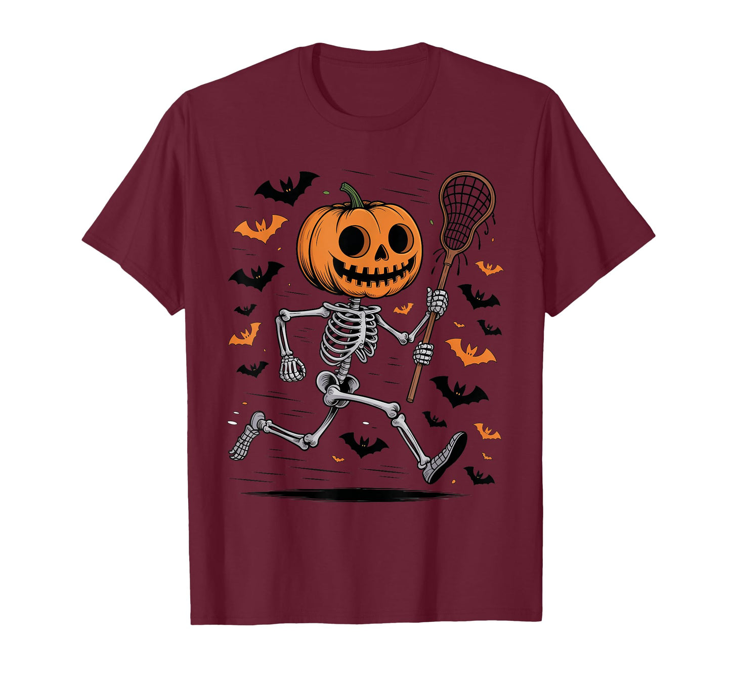 Pumpkin Skeleton Playing Lacrosse Halloween Spooky Season T-Shirt
