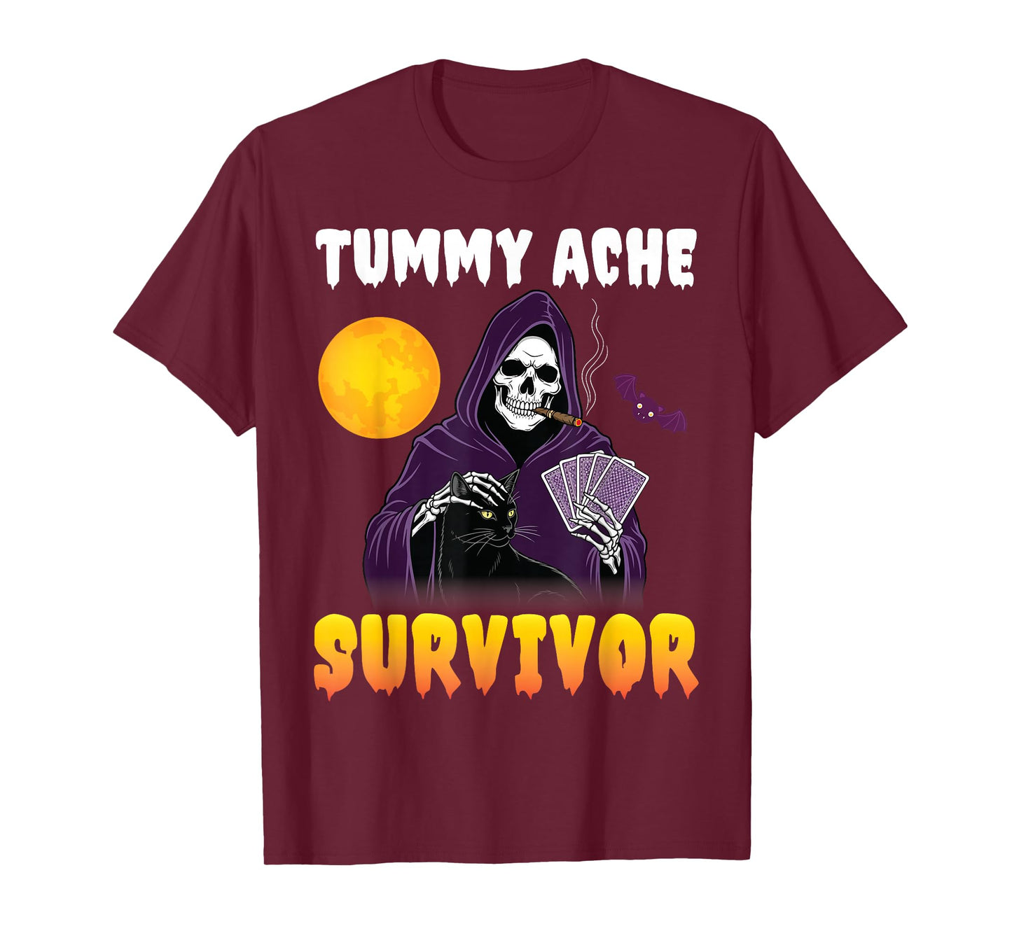 Tummy Ache Survivor Grim Reaper with Black Cat Funny Humor T-Shirt