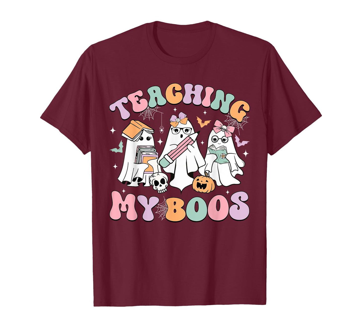 Teaching My Boos Cute Book Ghost Groovy Teacher Halloween T-Shirt for Men Women Kids