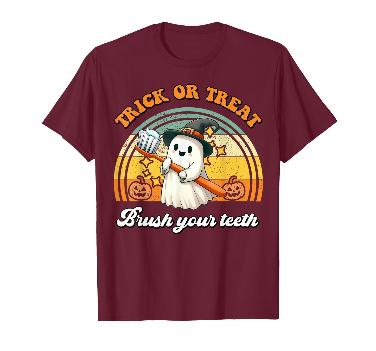 Trick Or Treat Brush Your Teeth Retro Halloween Cute Dentist T-Shirt