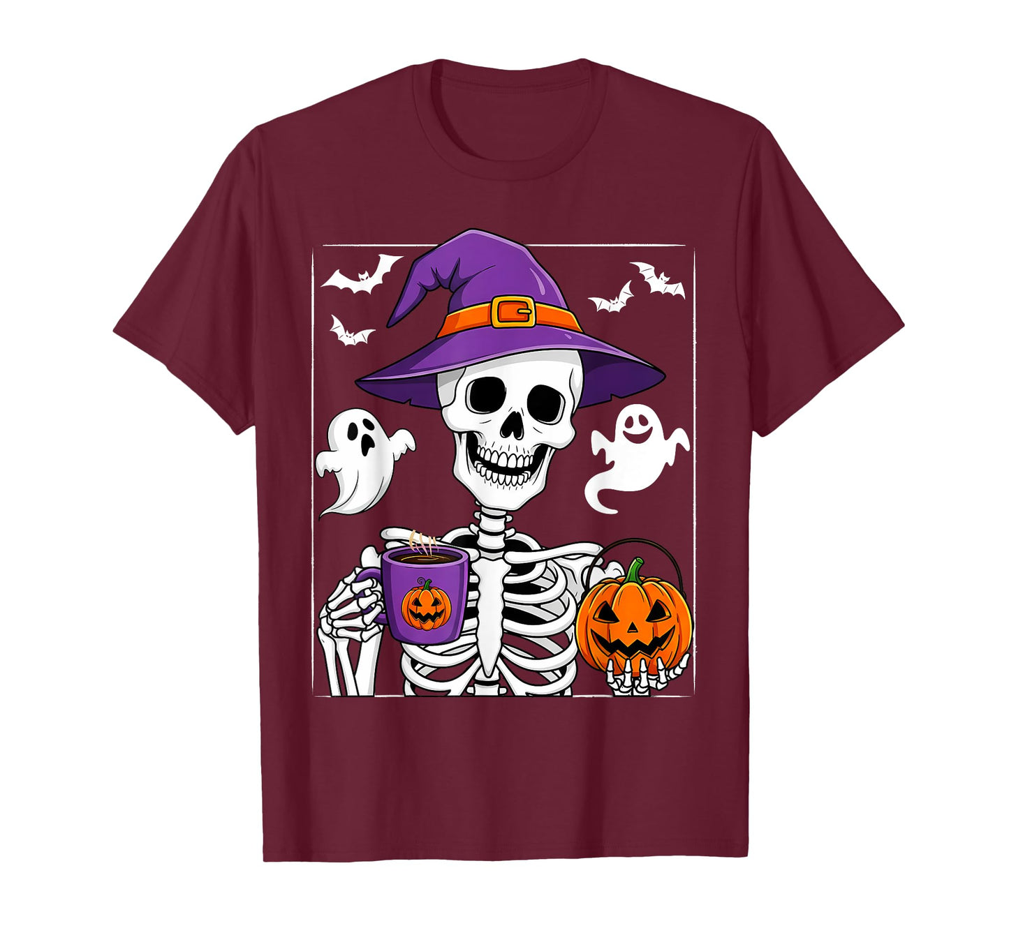 Halloween Skeleton Pumpkin Coffee Funny Costume Men Women T-Shirt