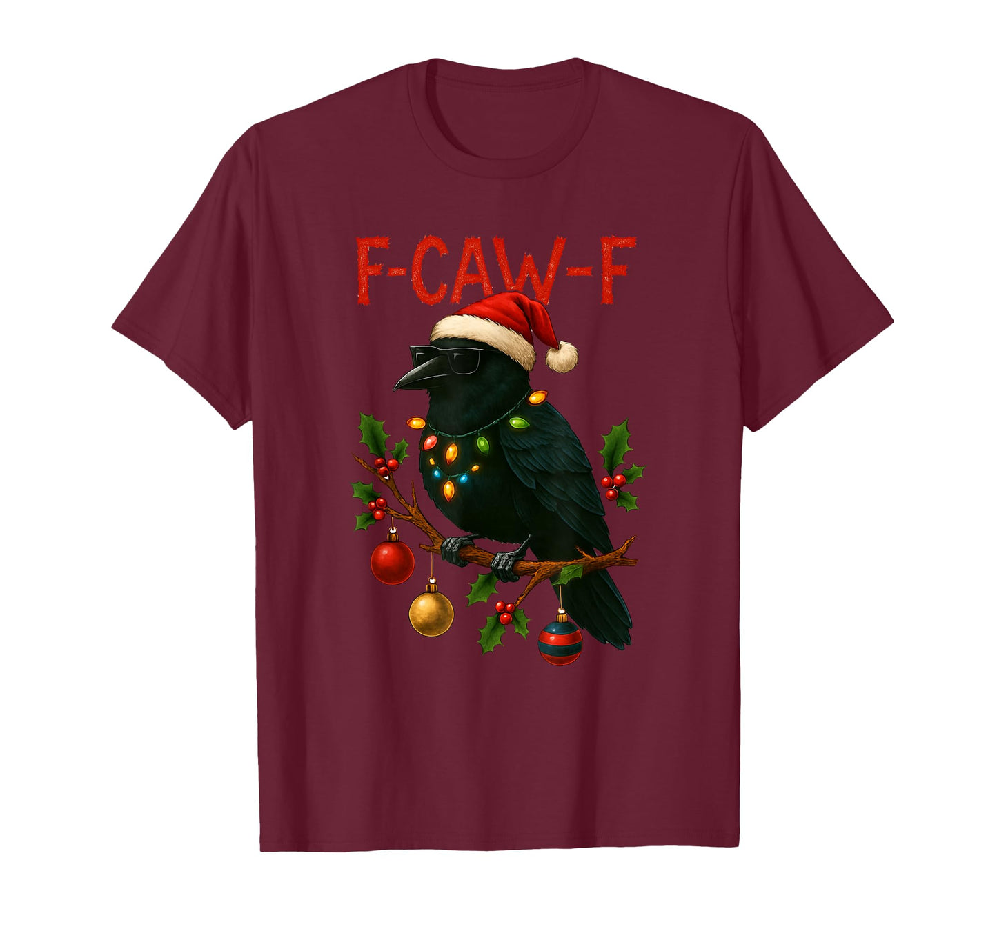 Black Crow F-Caw-F Funny Retro Christmas Lights Santa Hat T-Shirt