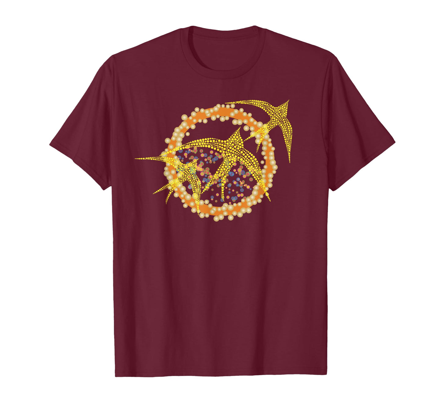 3 Birds Flying, Birding Sun Art with Orange Dots and Circles T-Shirt
