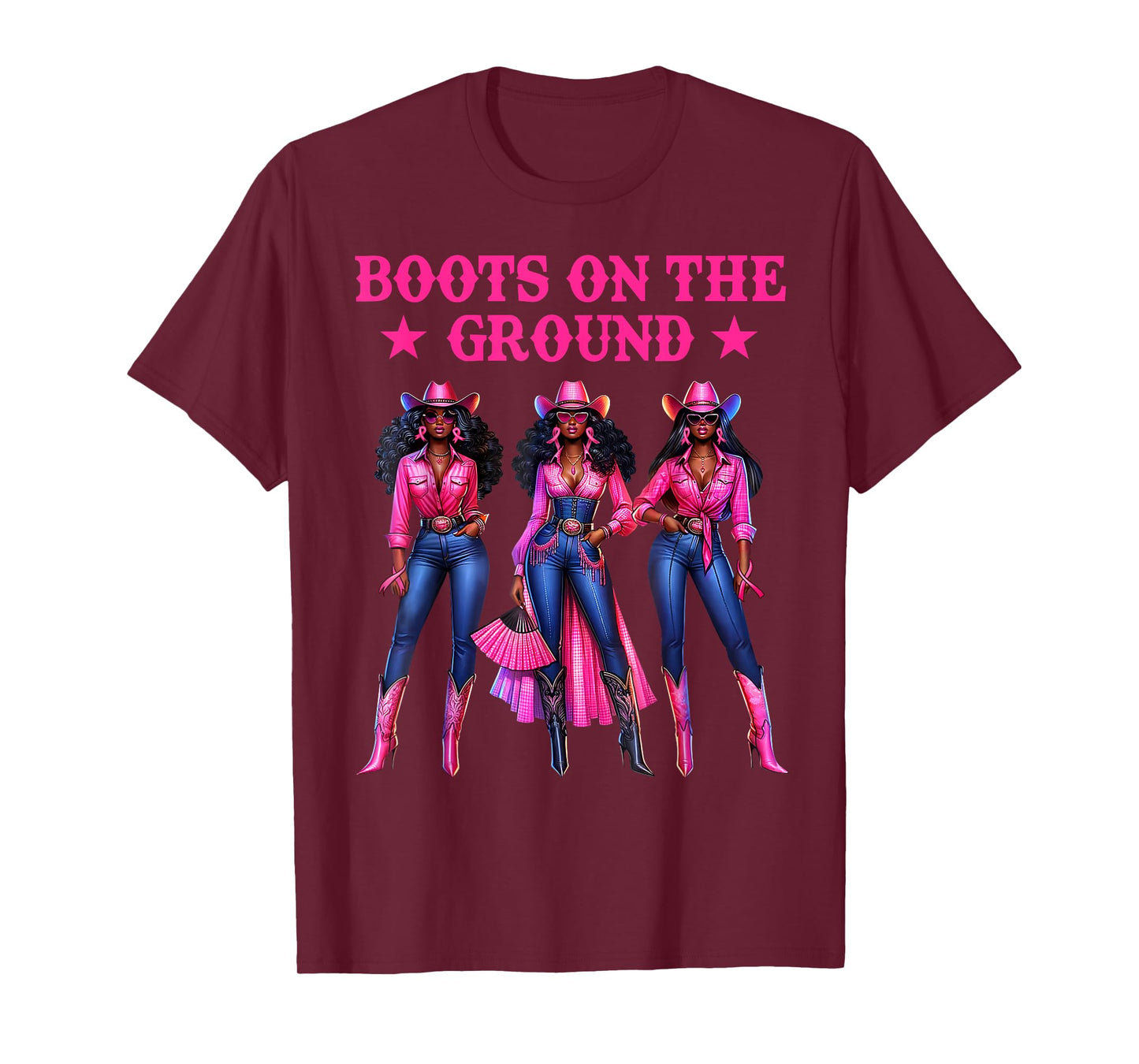 Boots On The Ground Pink Cowgirl Breast Cancer Awareness T-Shirt