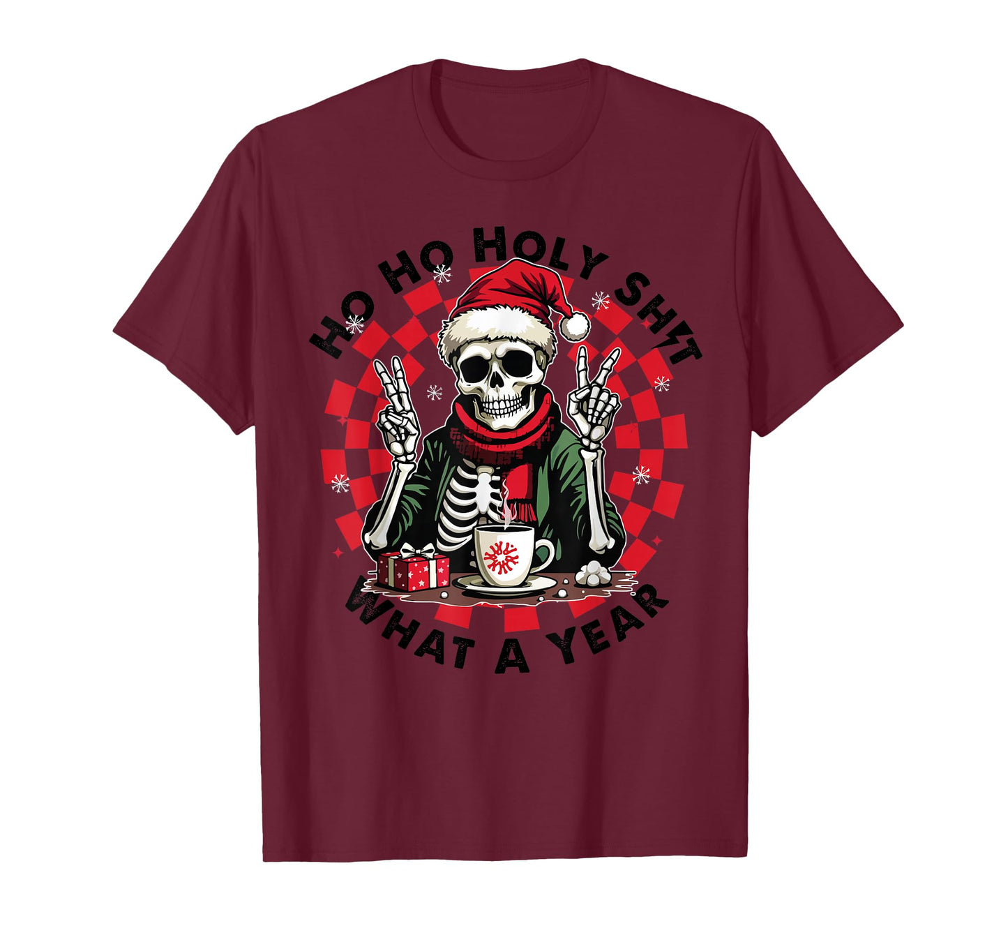 Funny Holy What A Year Christmas Skeleton Retro Women Men T-Shirt