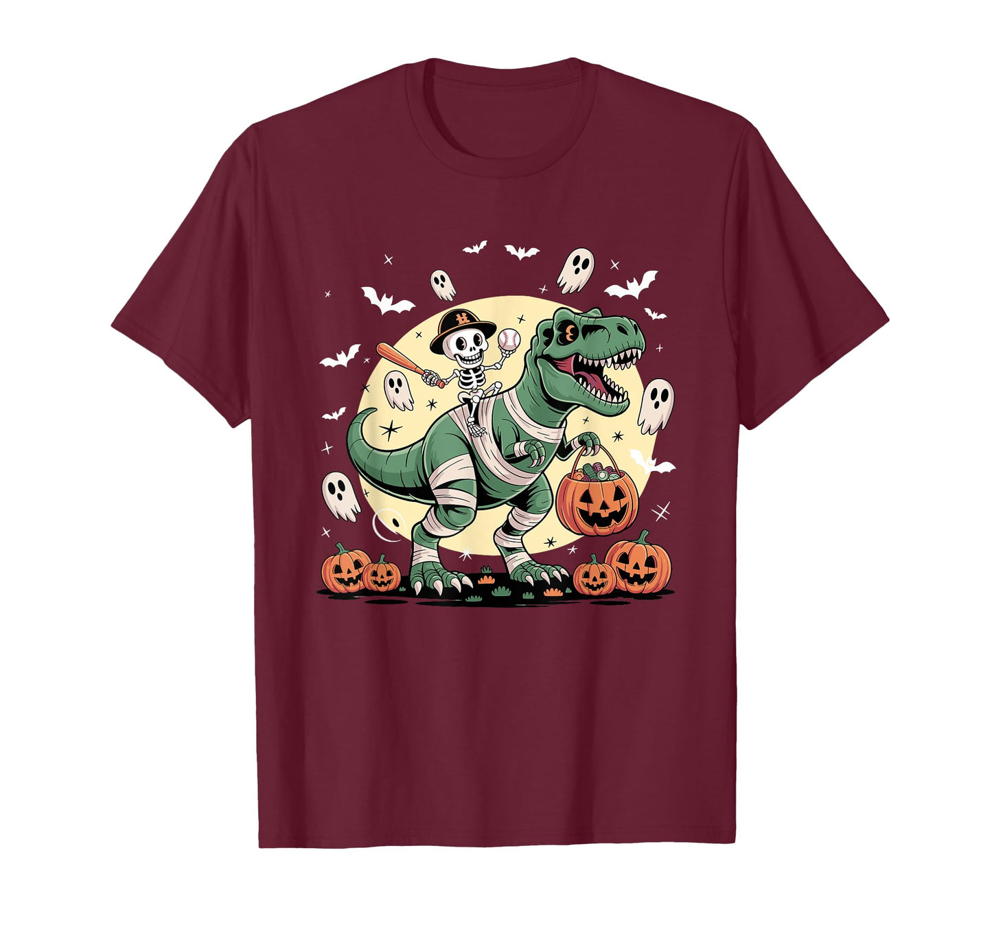 Baseball Skeleton Riding Mummy Dinosaur T-Rex Halloween Boys T-Shirt