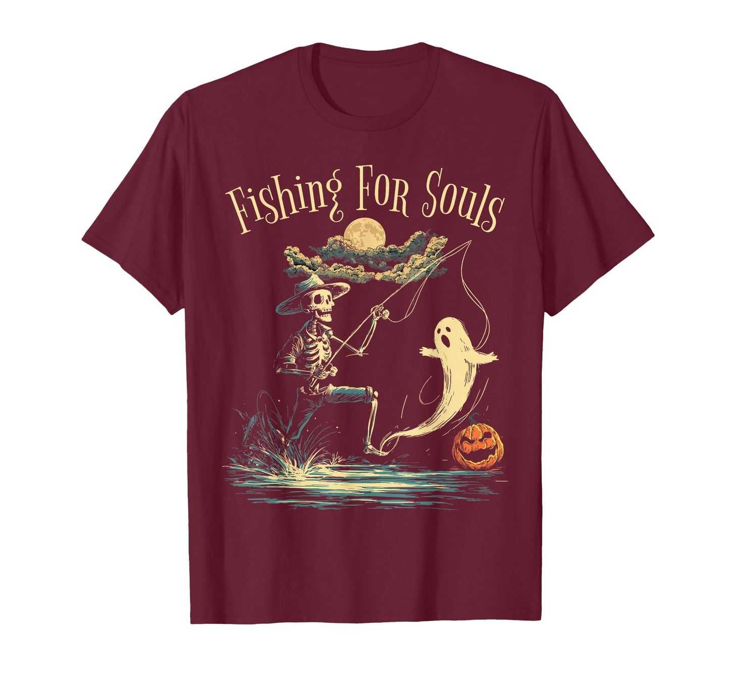 Fishing for Souls - Vintage Skeleton Ghost Gothic Halloween T-Shirt