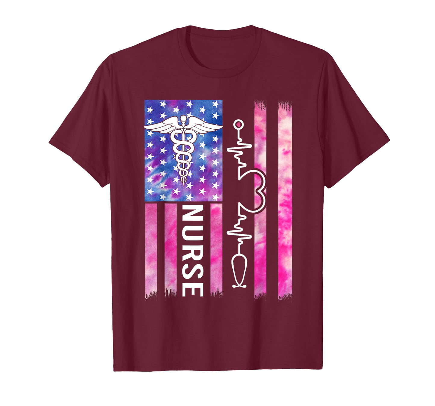 Tie Dye Nurse USA Flag Stethoscope Heartbeat American Nurse T-Shirt