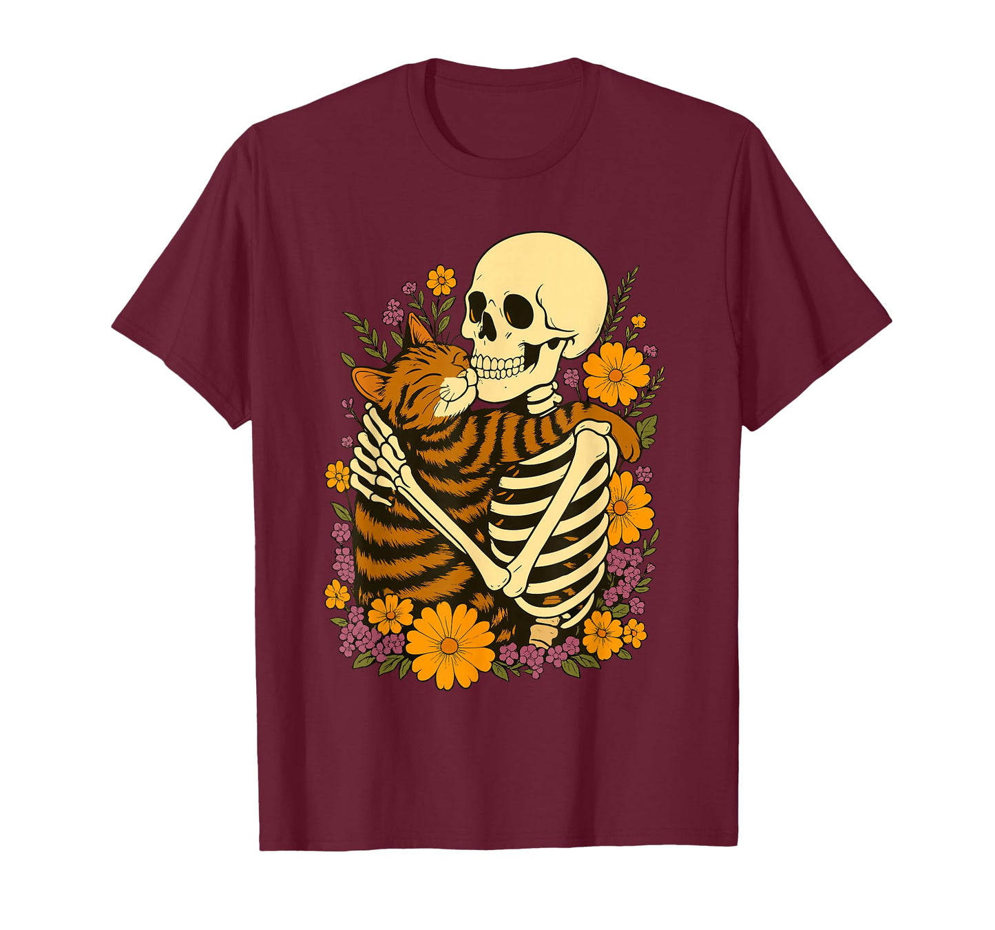 Skeleton Hugging Cat Floral Halloween Costume Tee T-Shirt