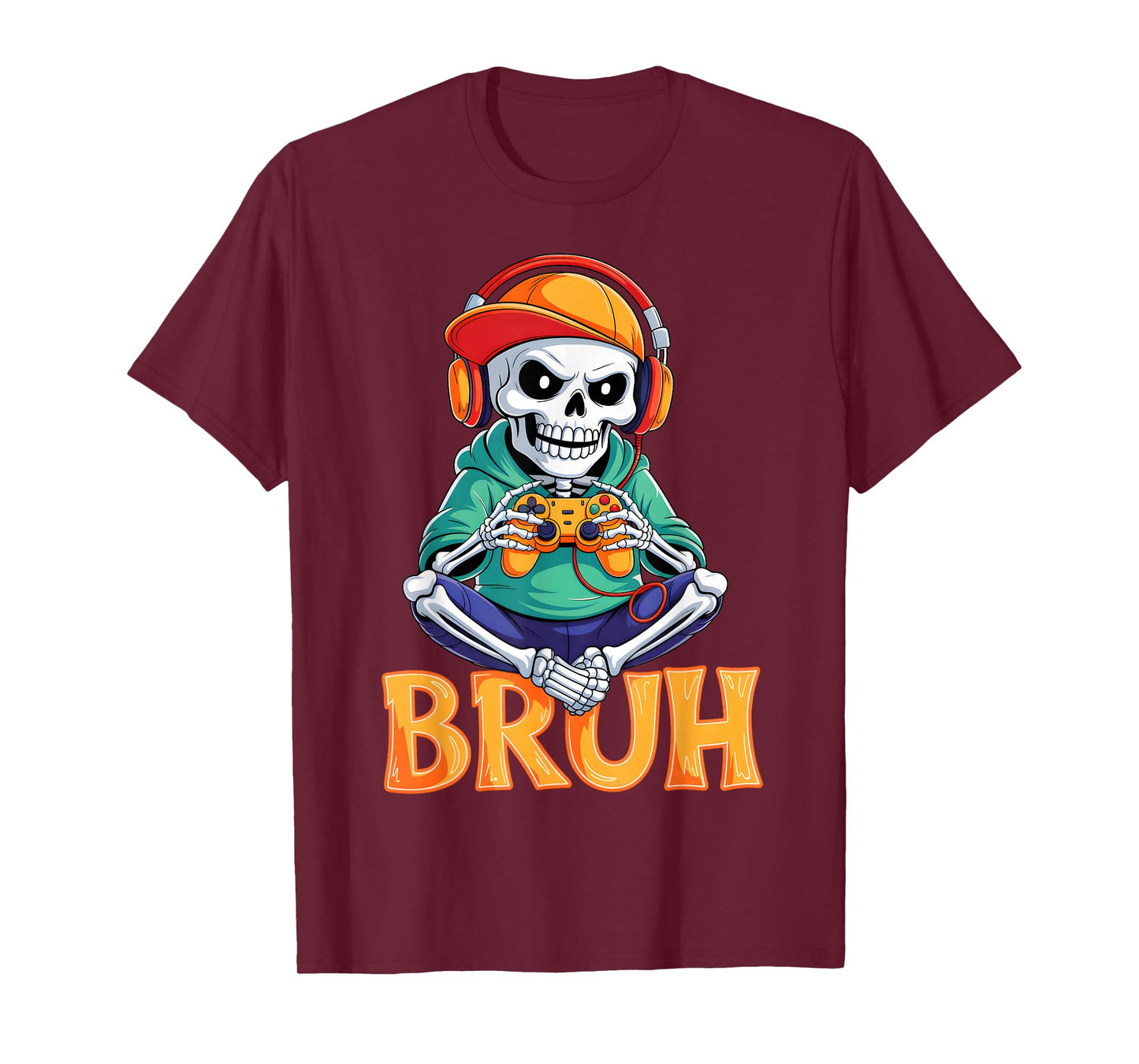 Bruh Halloween Boys Kids Gamer Mens Skeleton Video Gaming T-Shirt