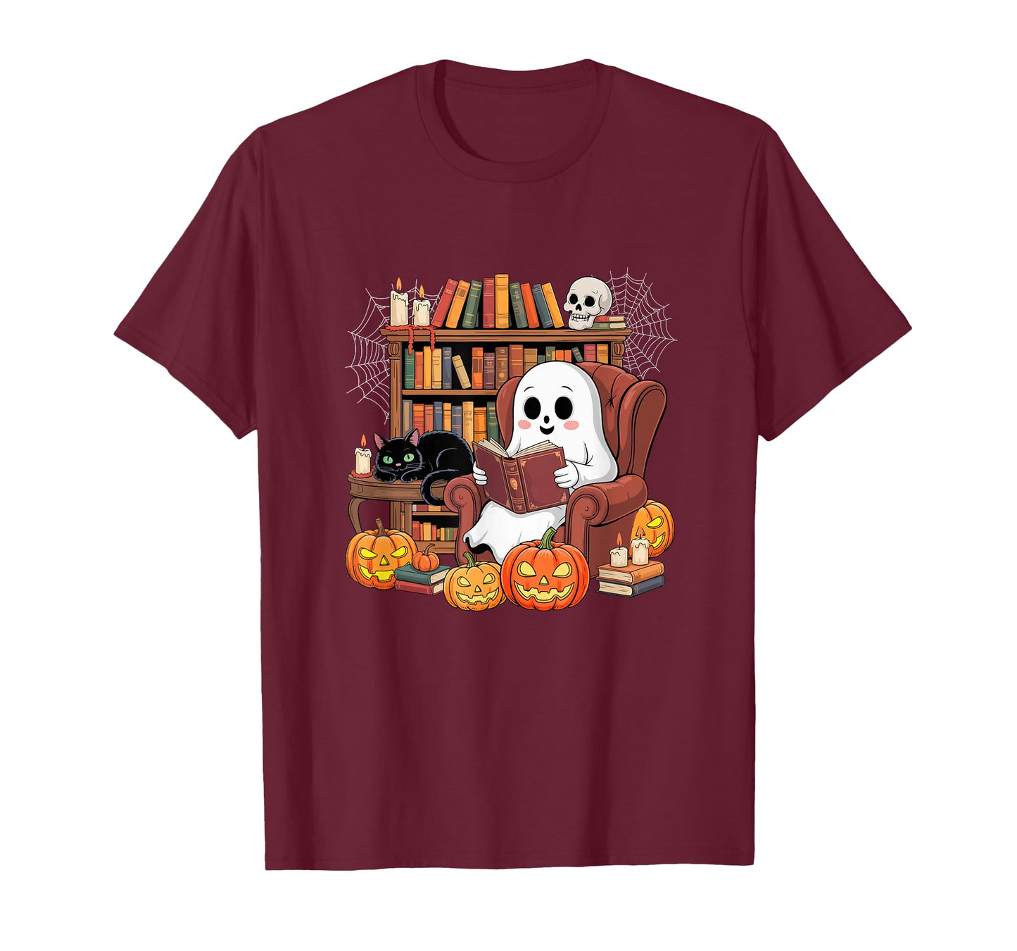 Boo Reading Books with Cat Colorful Halloween Librarian T-Shirt