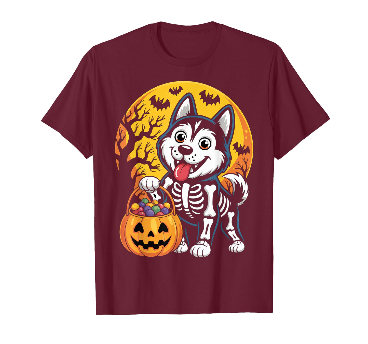 Siberian Husky Dog Skeleton Scary Pumpkin Moon Halloween T-Shirt