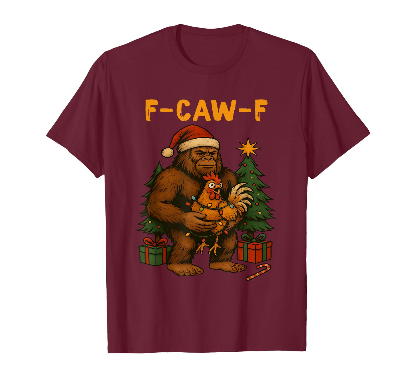 Bigfoot Holding Rooster Meme F-Caw-F Chicken Christmas T-Shirt