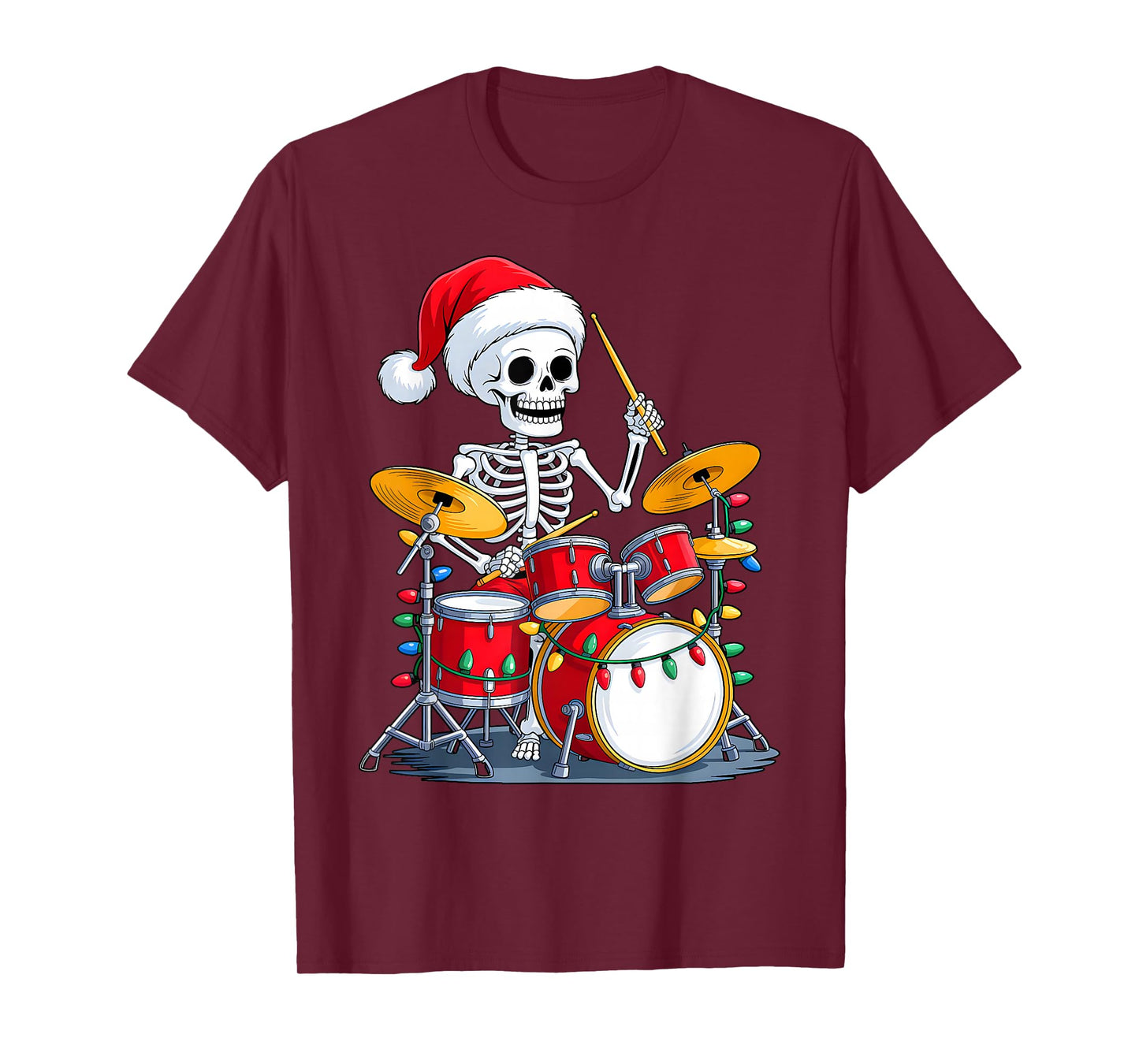 Santa Skeleton Playing Drum Percussionist Drummer Christmas T-Shirt