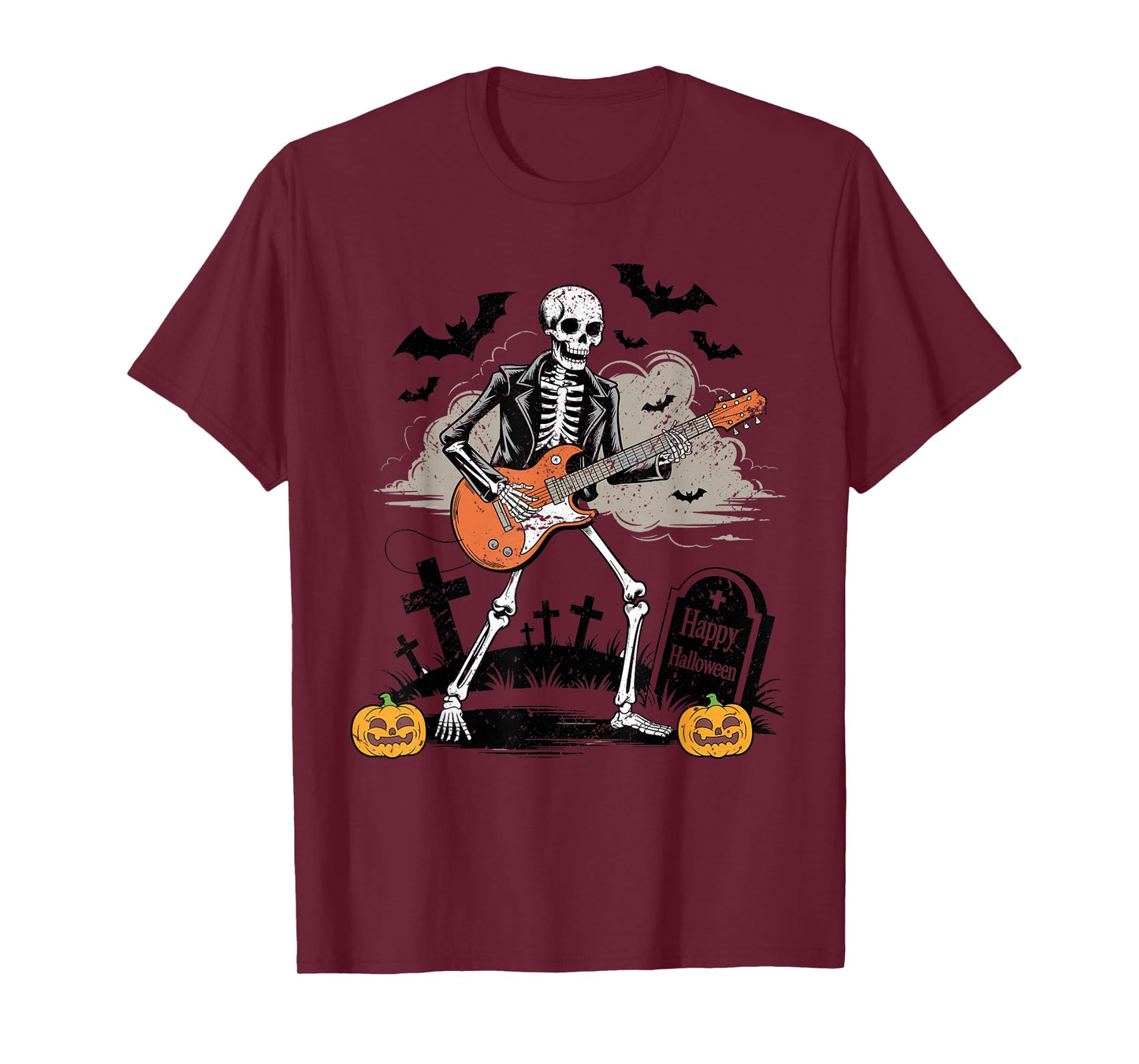 Skeleton Guitarist Rock with Pumpkins in Graveyard Halloween T-Shirt