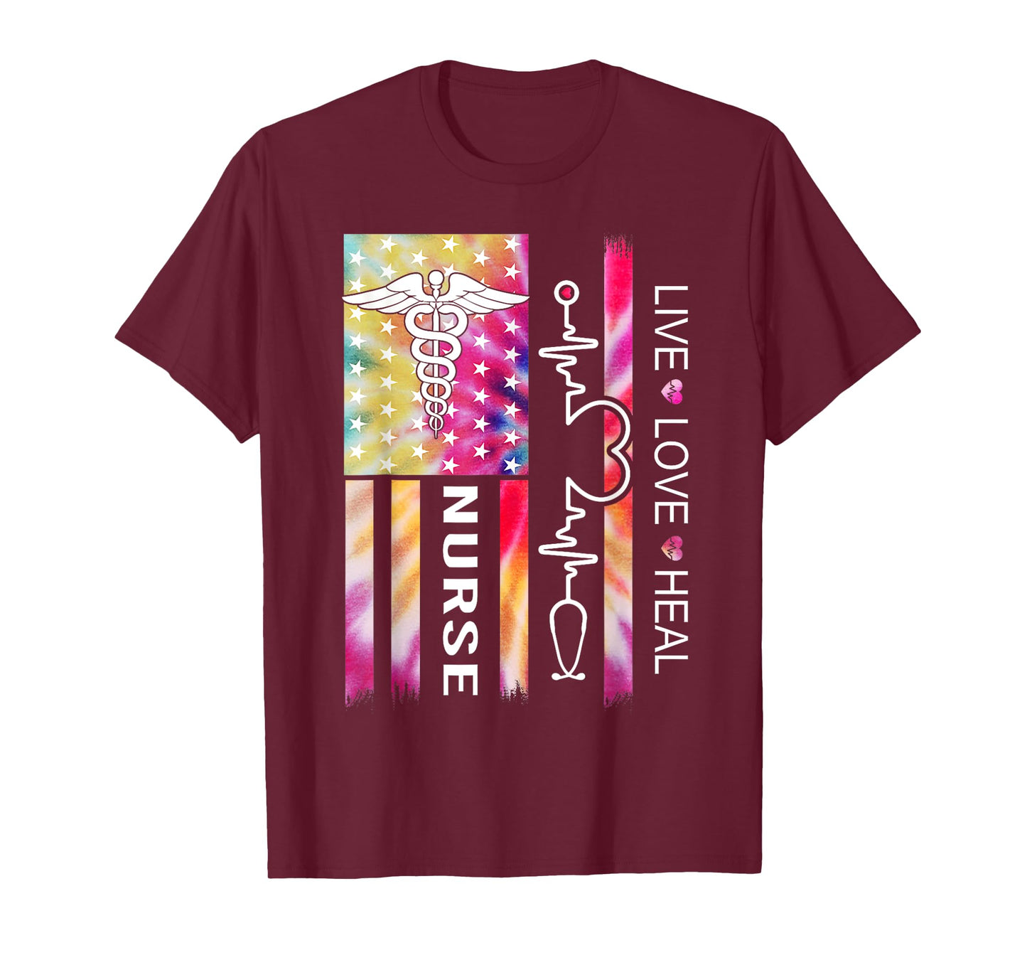 Tie Dye Nurse USA Flag Stethoscope Heartbeat American Nurse T-Shirt