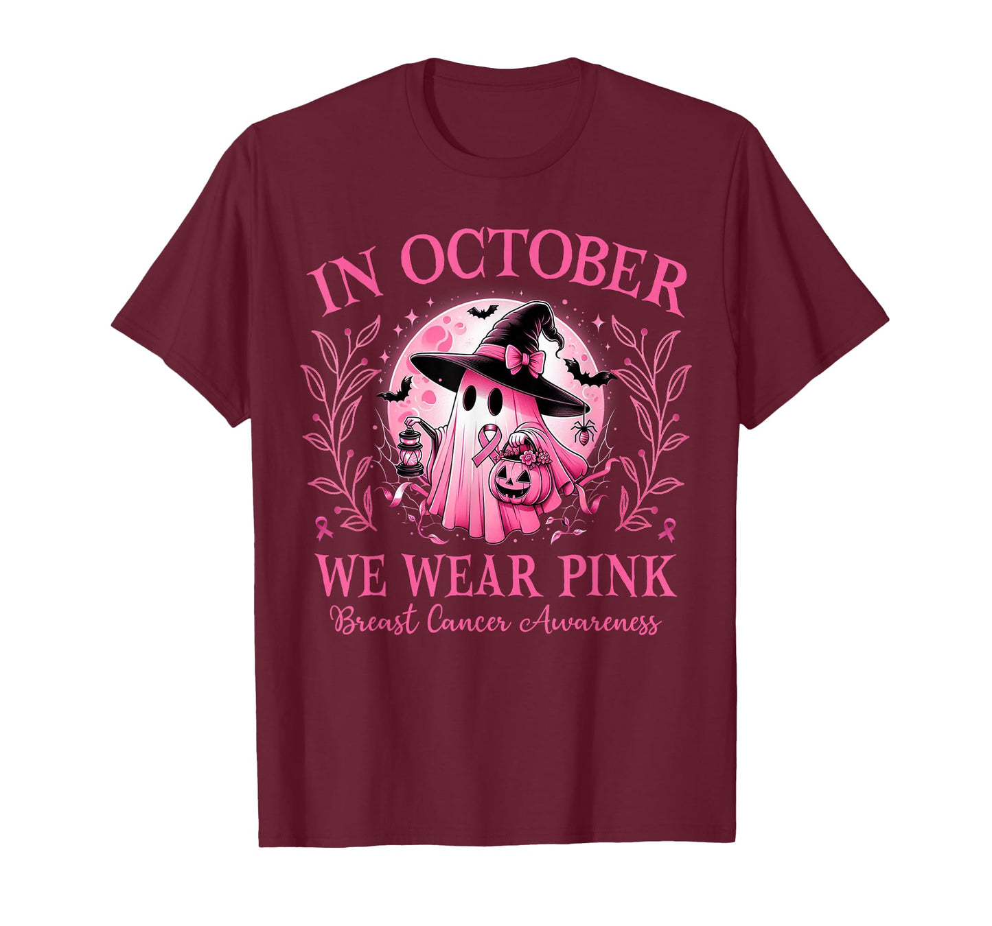 In October We Wear Pink Ghost Witch Breast Cancer Halloween T-Shirt