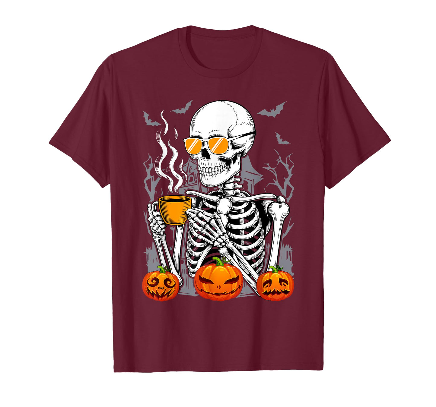 Halloween Skeleton Pumpkin Fall Coffee Fun Costume Men Women T-Shirt