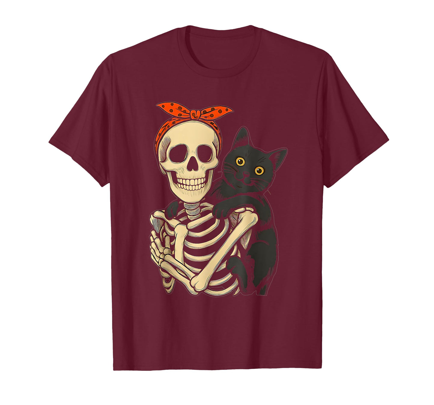 Skeleton Hugging Black Cat Halloween Cat Lover Mom Womens T-Shirt