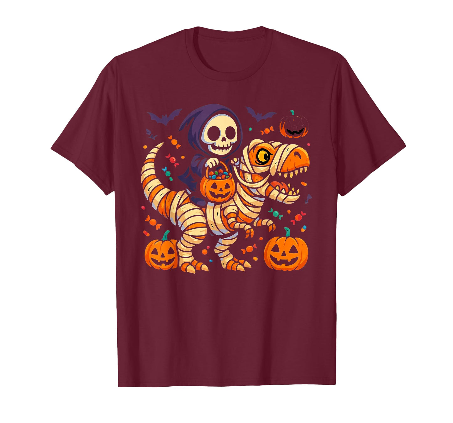 Skeleton Riding Mummy Dinosaur T Rex Pumpkin Funny Halloween T-Shirt