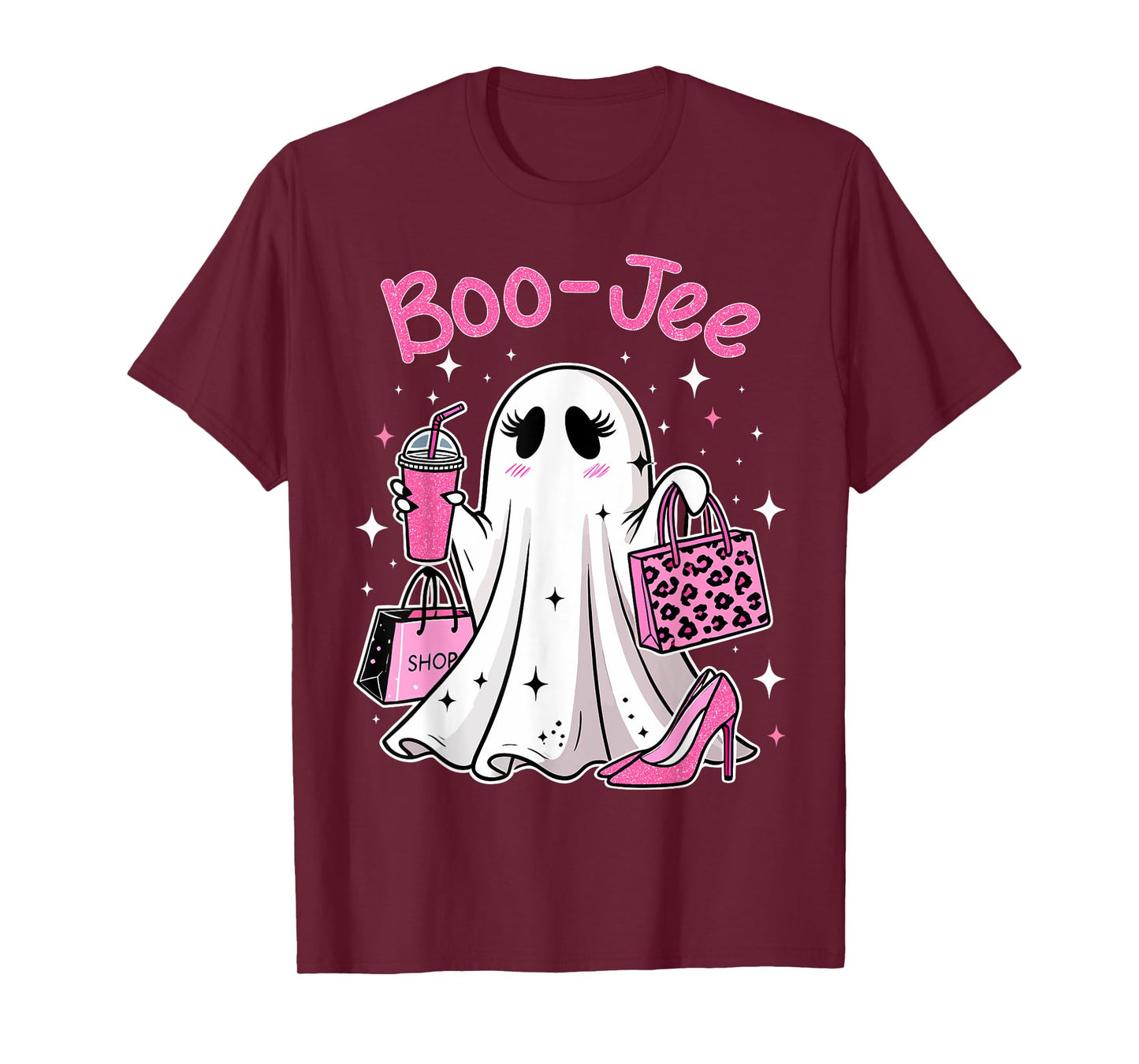 Preppy Boo-JEE Halloween Pink Ghost Leopard Women Girls T-Shirt