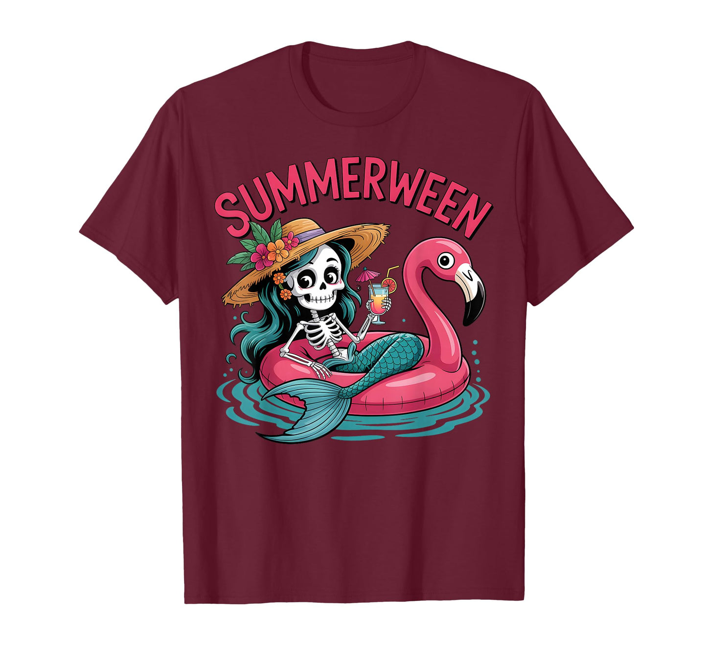Summerween Mermaid Skeleton Beach Flamingo Halloween Girl T-Shirt