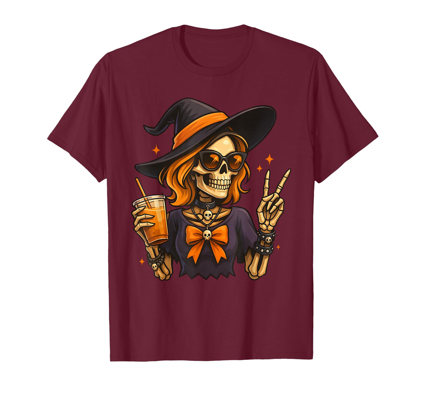 Skeleton Girl Drinking Coffee Peace Sign Witch Halloween T-Shirt