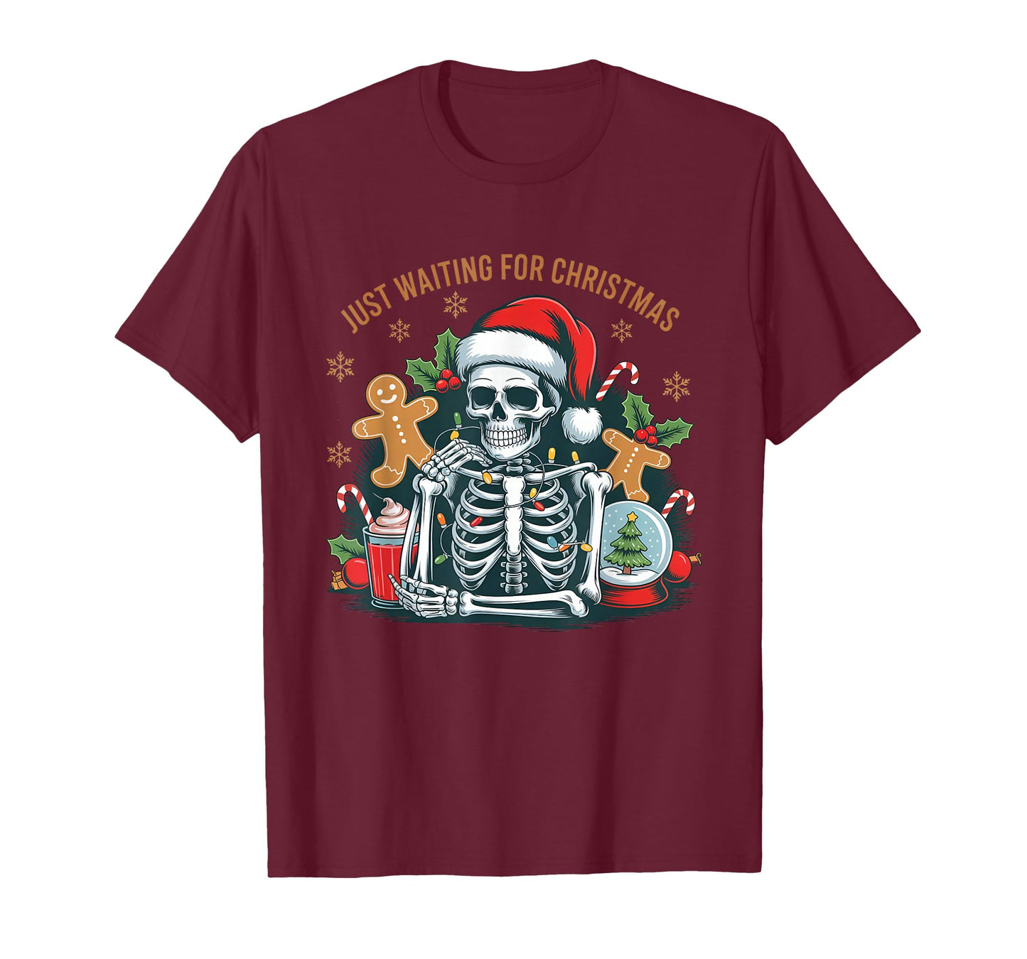 Just Waiting for Christmas Skeleton Santa Hat T-Shirt