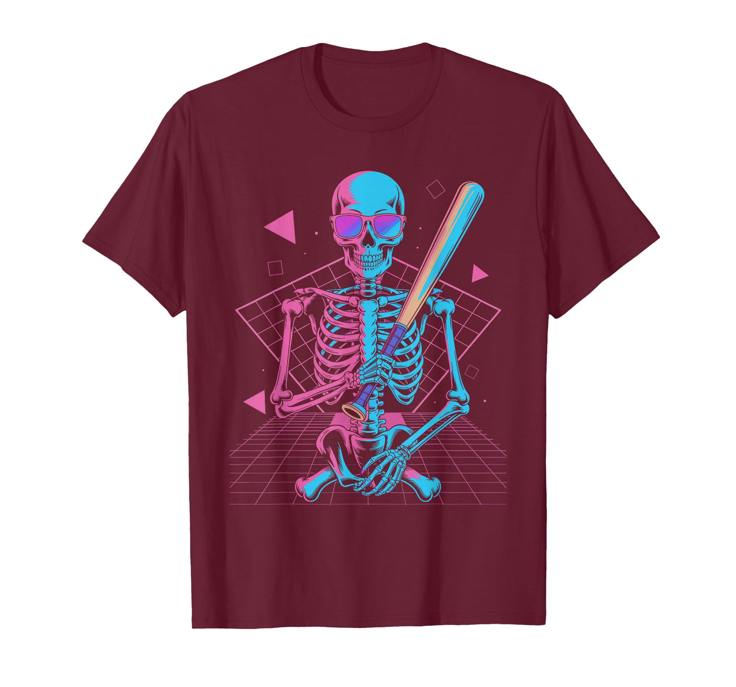Retro 80s Skeleton Baseball Graphic Vaporwave T-Shirt