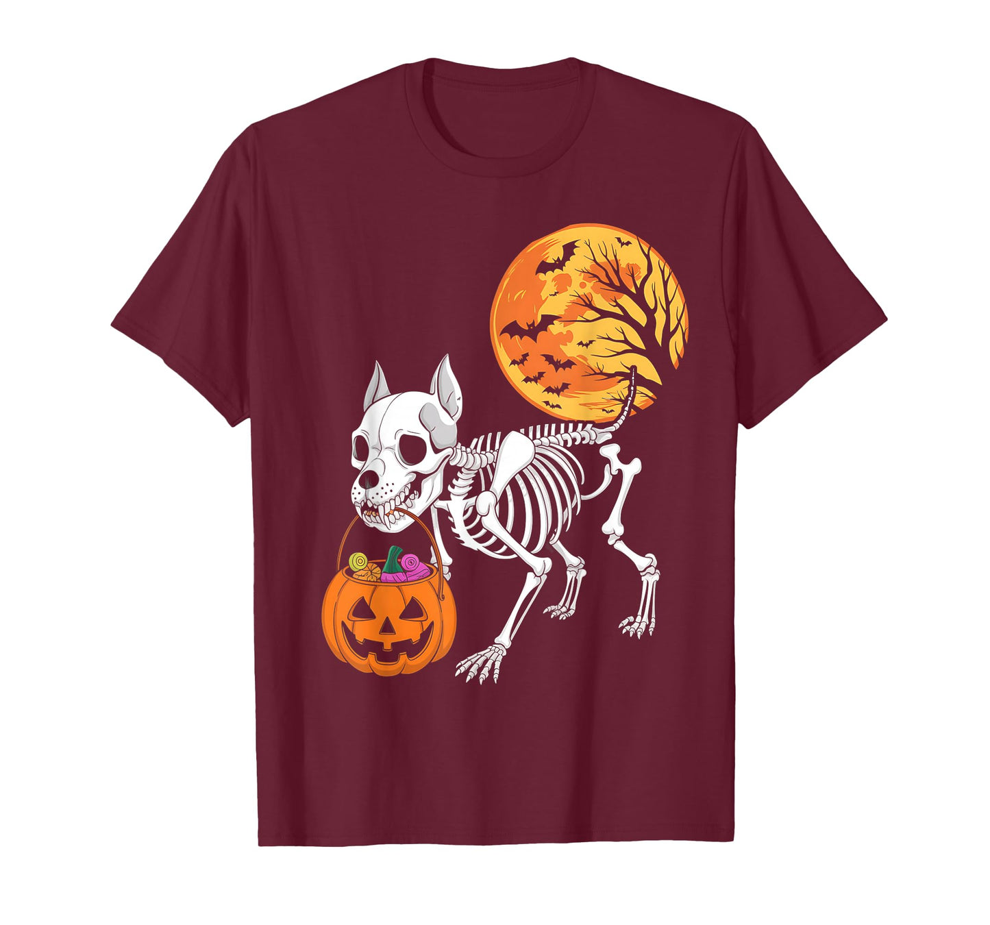 Funny Pitbull Dog Skeleton Scary Pumpkin Moon Halloween T-Shirt
