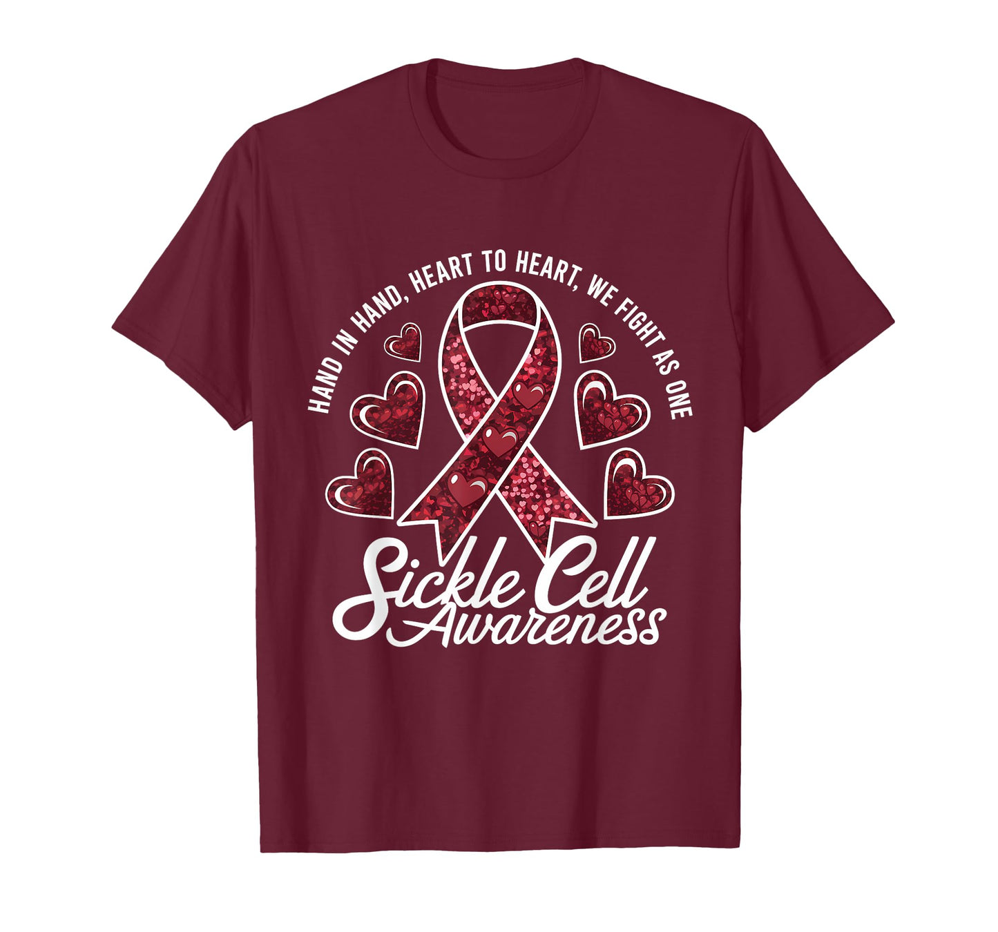 Sickle Cell Awareness Hand In Hand Anemia Burgundy Ribbon T-Shirt