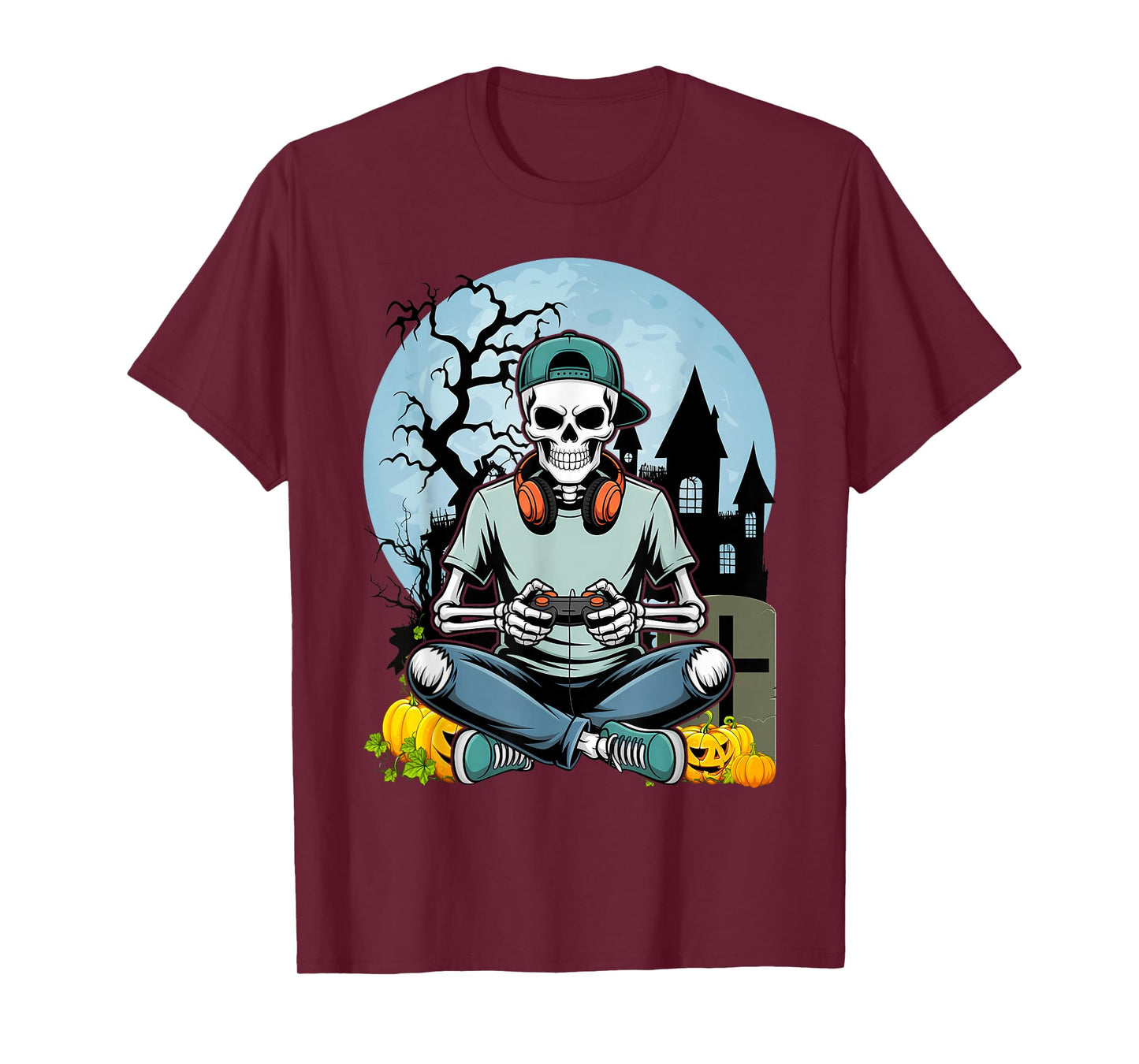 Halloween Skeleton Gamer Funny Video Games Boys Kids Men T-Shirt