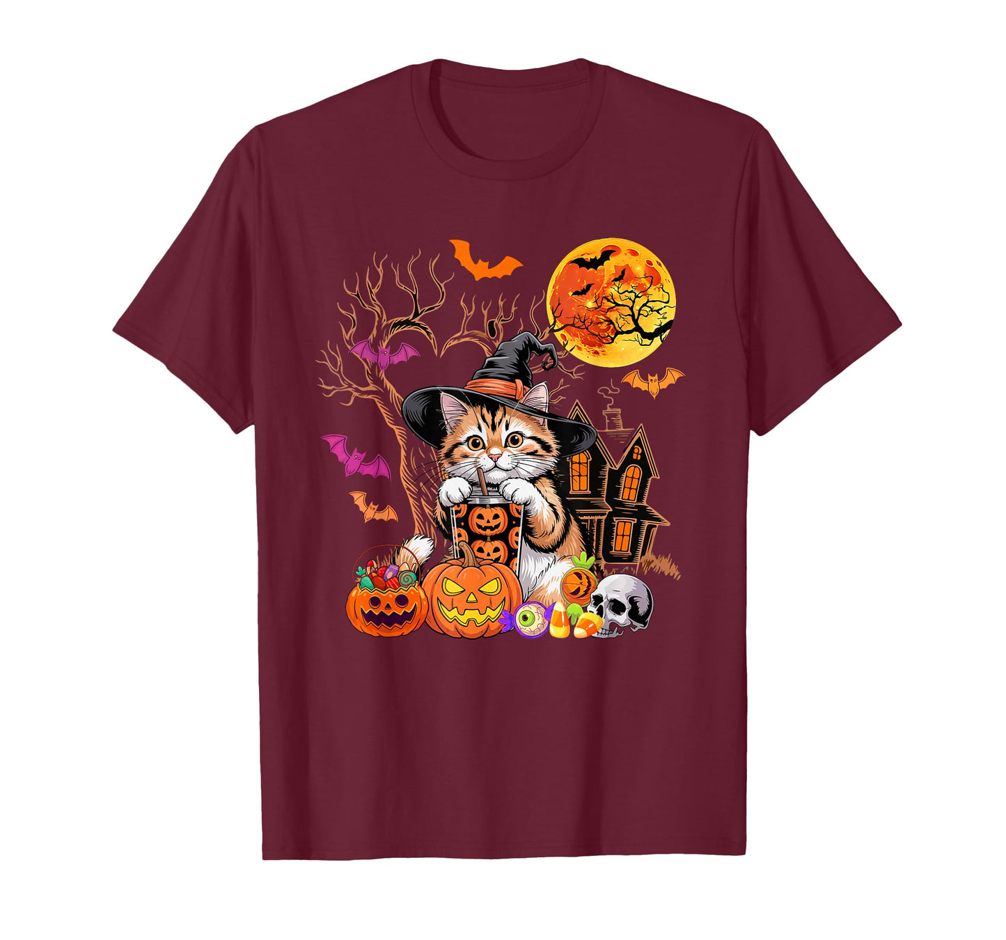 Cat As Witch Drinking Coffee Halloween Carved Pumpkin T-Shirt