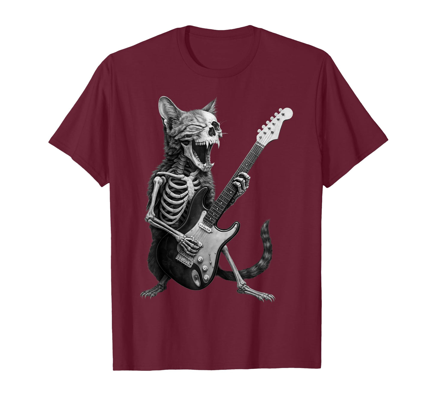 Funny Skeleton Cat Playing Guitar Rock and Roll Music Band T-Shirt