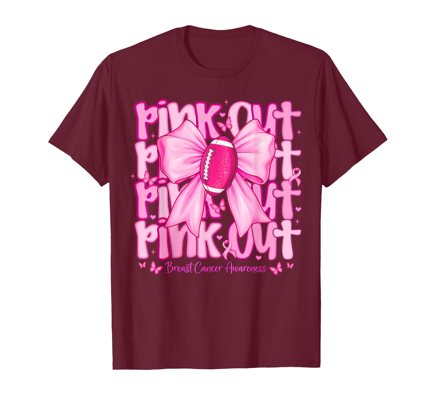 Womens Pink Out Football Tackle Breast Cancer Awareness Bow T-Shirt
