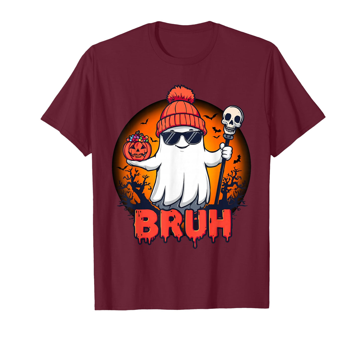 Funny Ghost Bruh Halloween with Pumpkin Trick Or Treat Candy T-Shirt