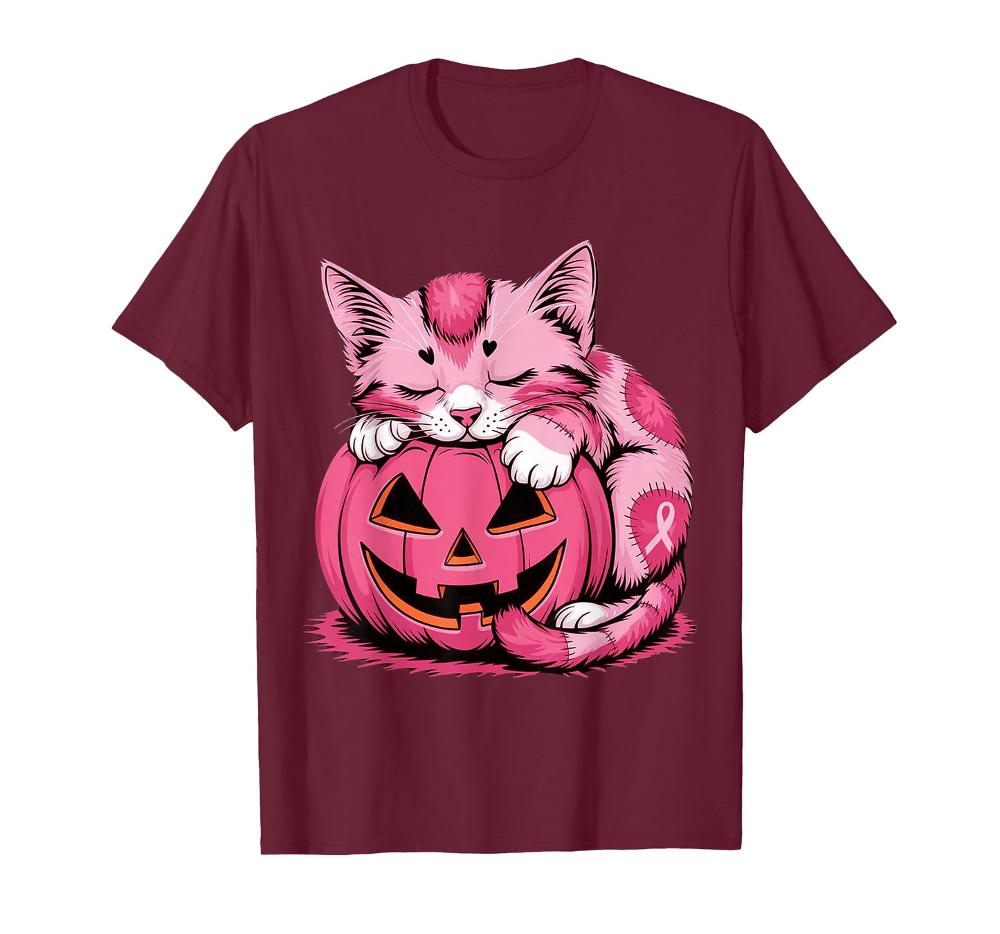 Cute Pink Cat Hugging Pumpkin Breast Cancer Awareness Kitten T-Shirt