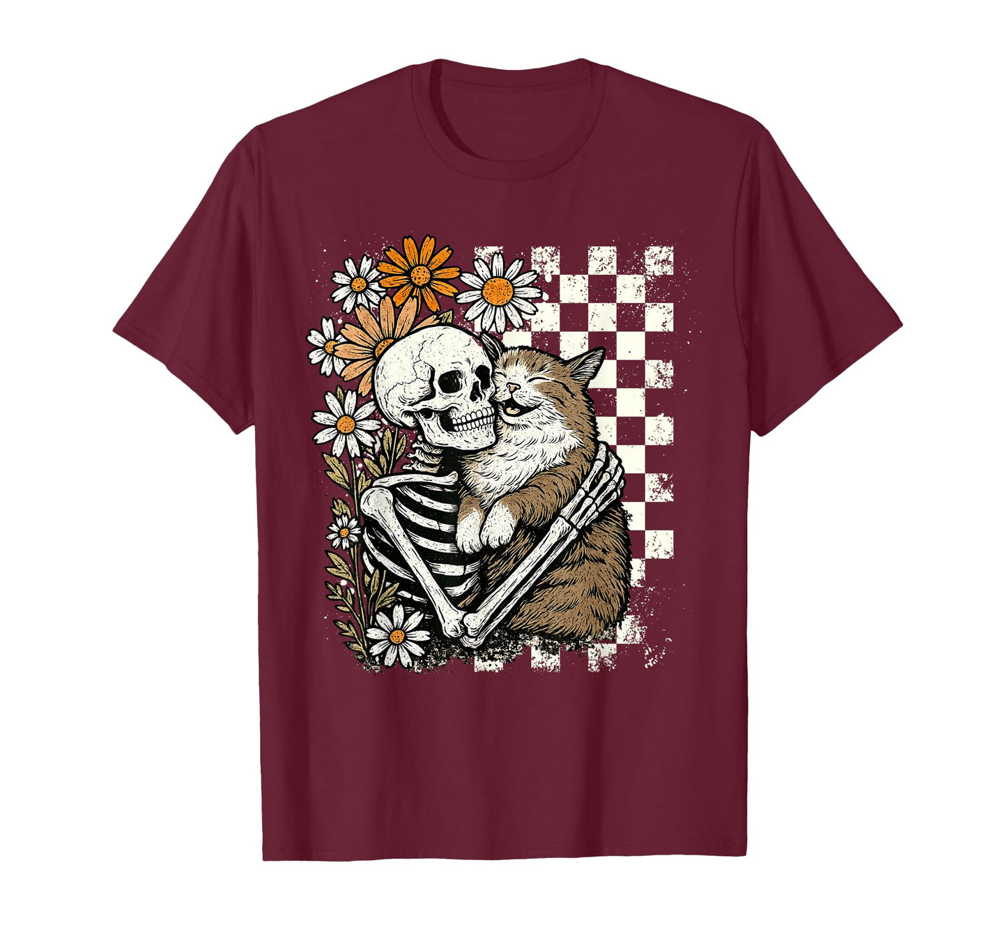 Skeleton Hugging Cat Floral Halloween Cats Lover Mom Mama T-Shirt