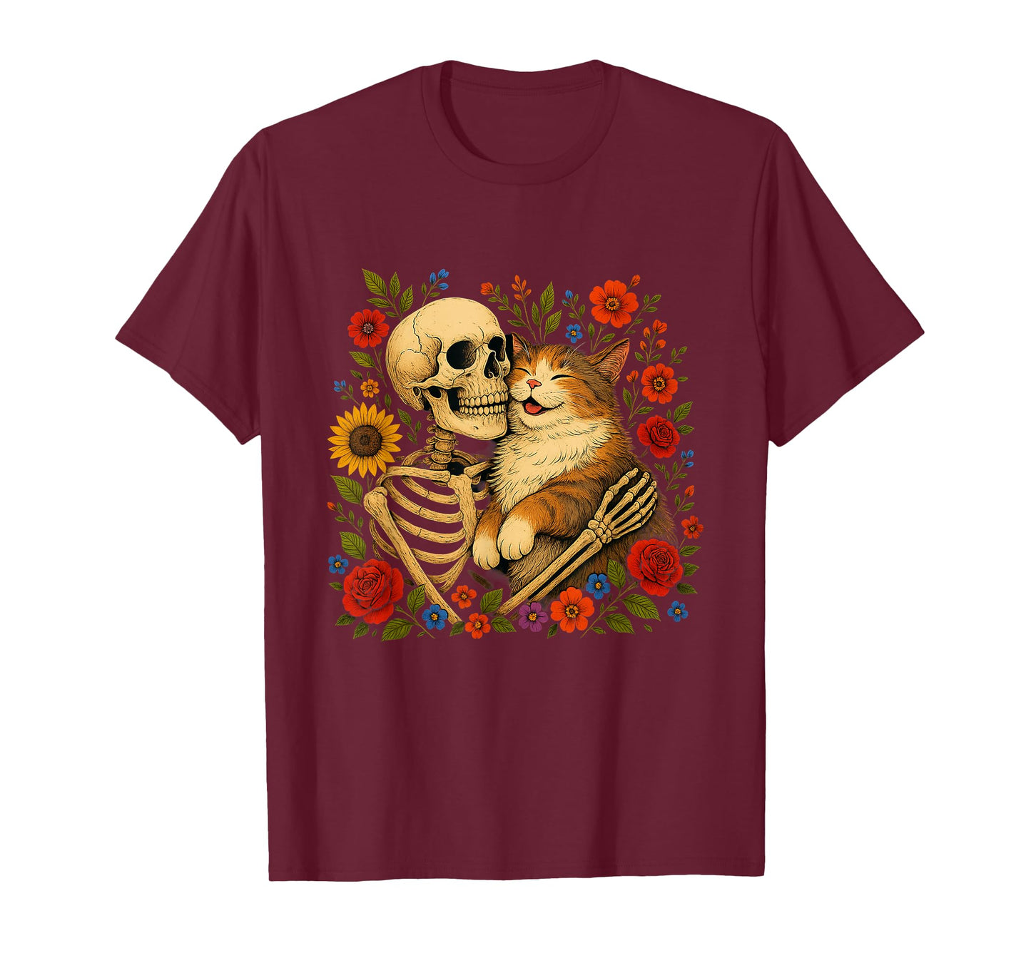 Skeleton Hugging Cat Floral Funny Halloween Cats Lover T-Shirt
