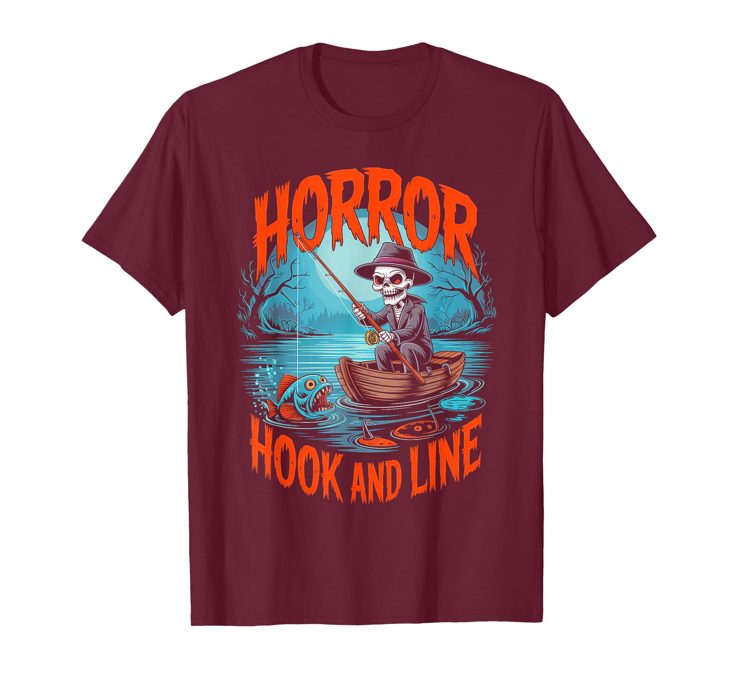 Horror Hook and Line Fishing Skeletons Halloween Fishermen T-Shirt