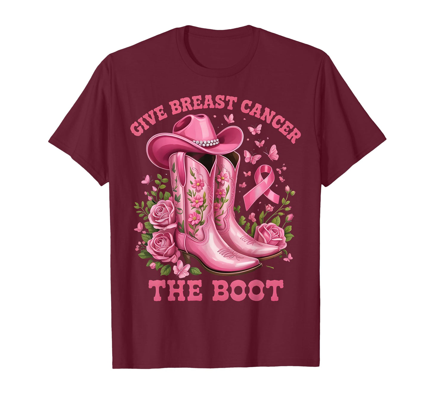 Give Breast Cancer The Boot Cowgirl Cancer Awareness Ribbon T-Shirt