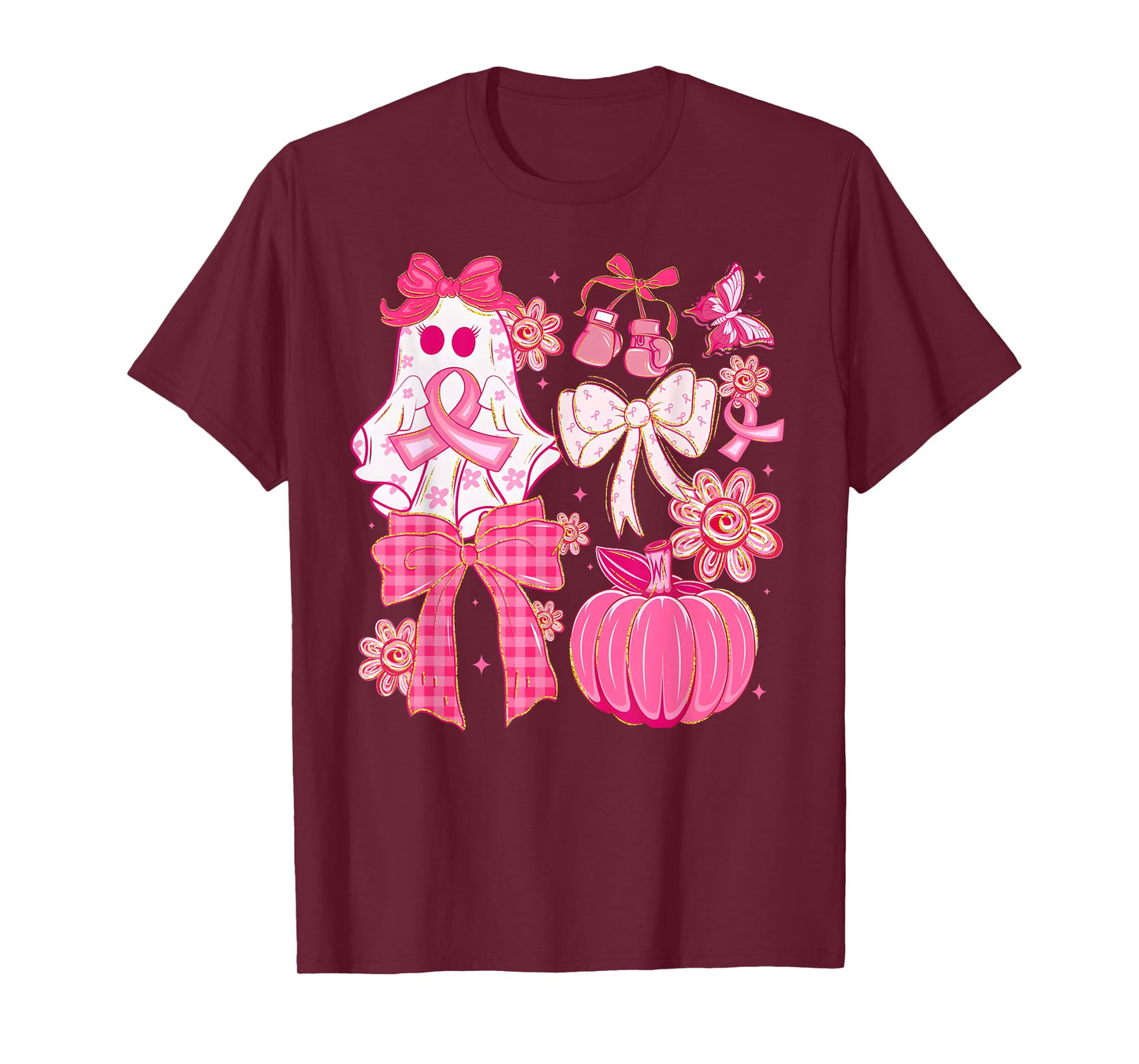 Halloween Breast Cancer Awareness Pink Ghost Coquette Bow T-Shirt