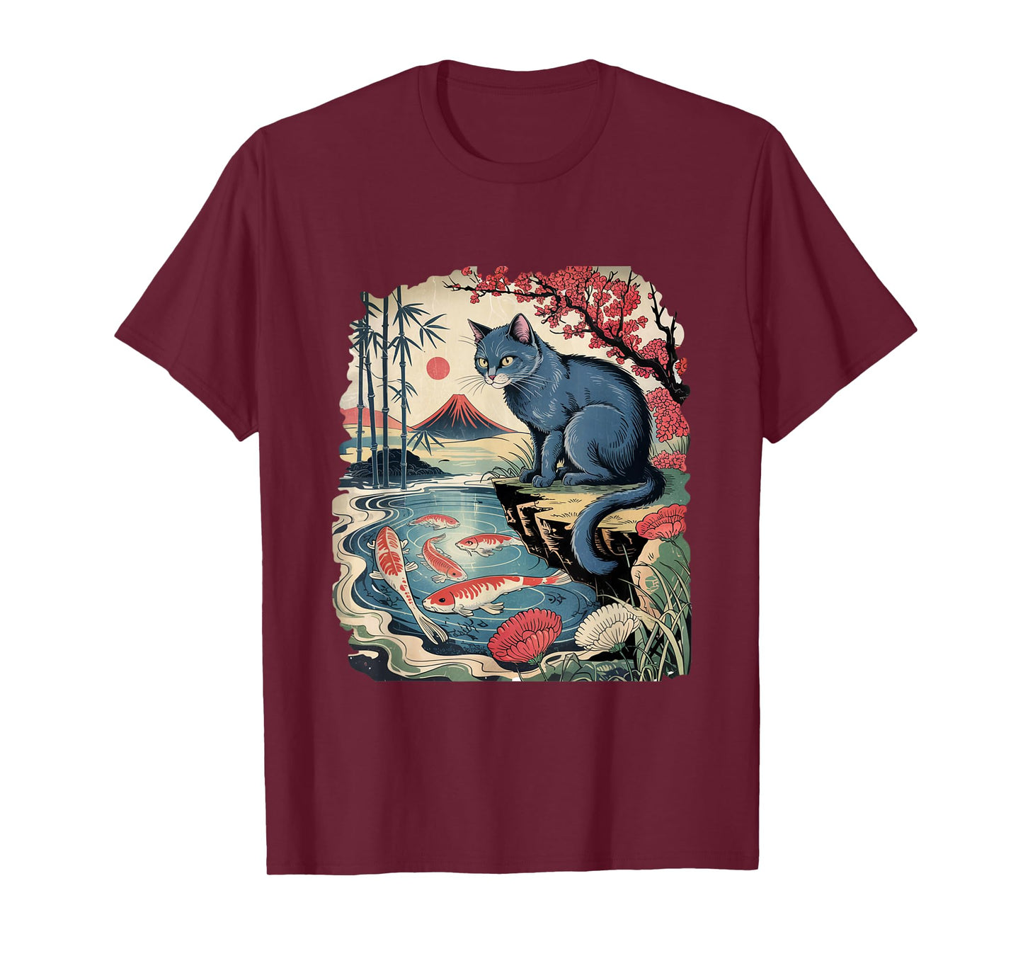 Russian Blue Cat Koi Fish Pond Japanese Ukiyo-e Woodblock T-Shirt