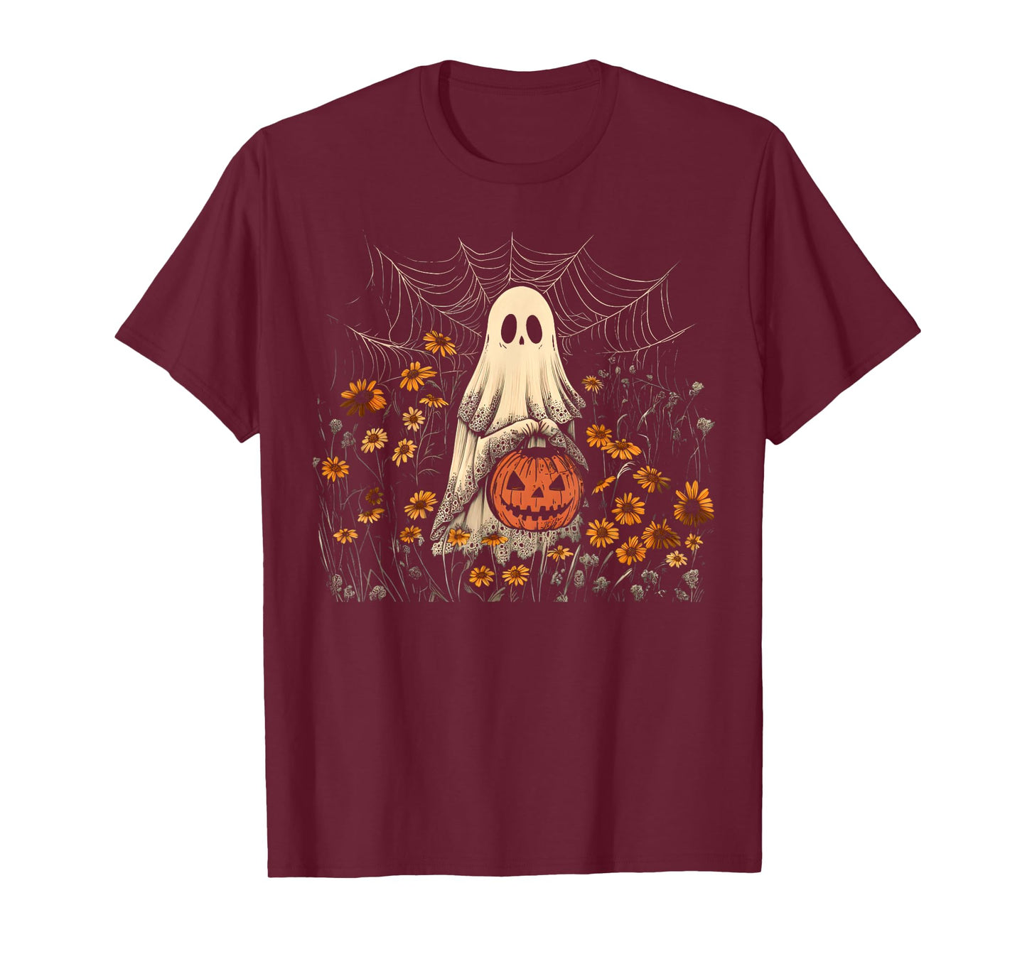 Retro Floral Lace Ghost Pumpkin Spooky Halloween Girls Women T-Shirt
