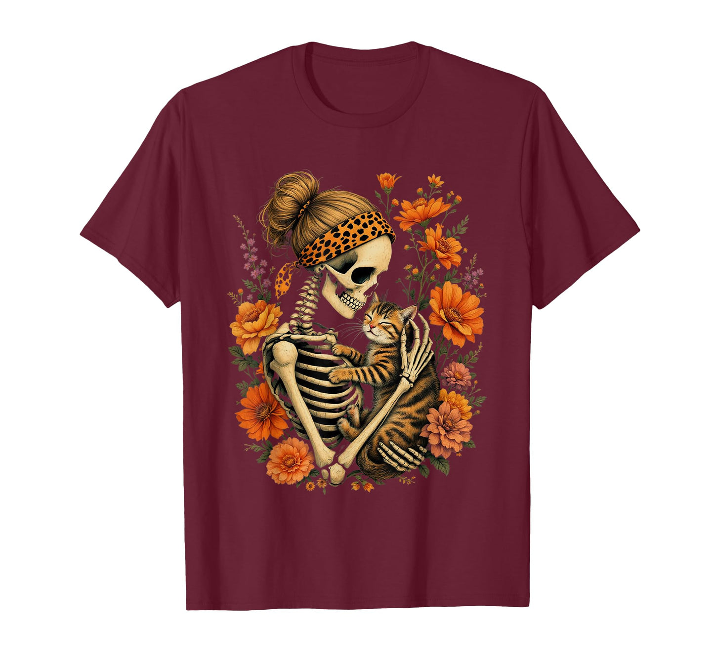 Skeleton Hugging Cat Floral Halloween Cat Lover Mom Costume T-Shirt