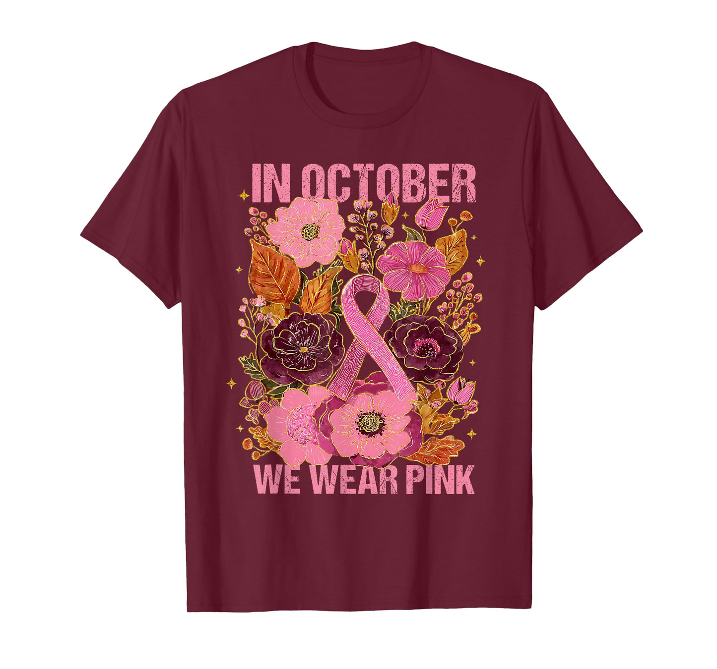 in October We Wear Pink Boho Breast Cancer Pink Ribbon Women T-Shirt