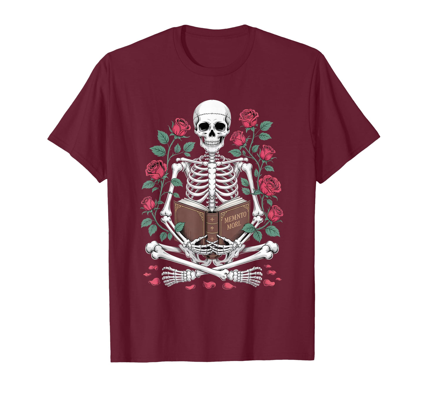 Skeleton Reading Surrounded by Roses Halloween Artwork T-Shirt