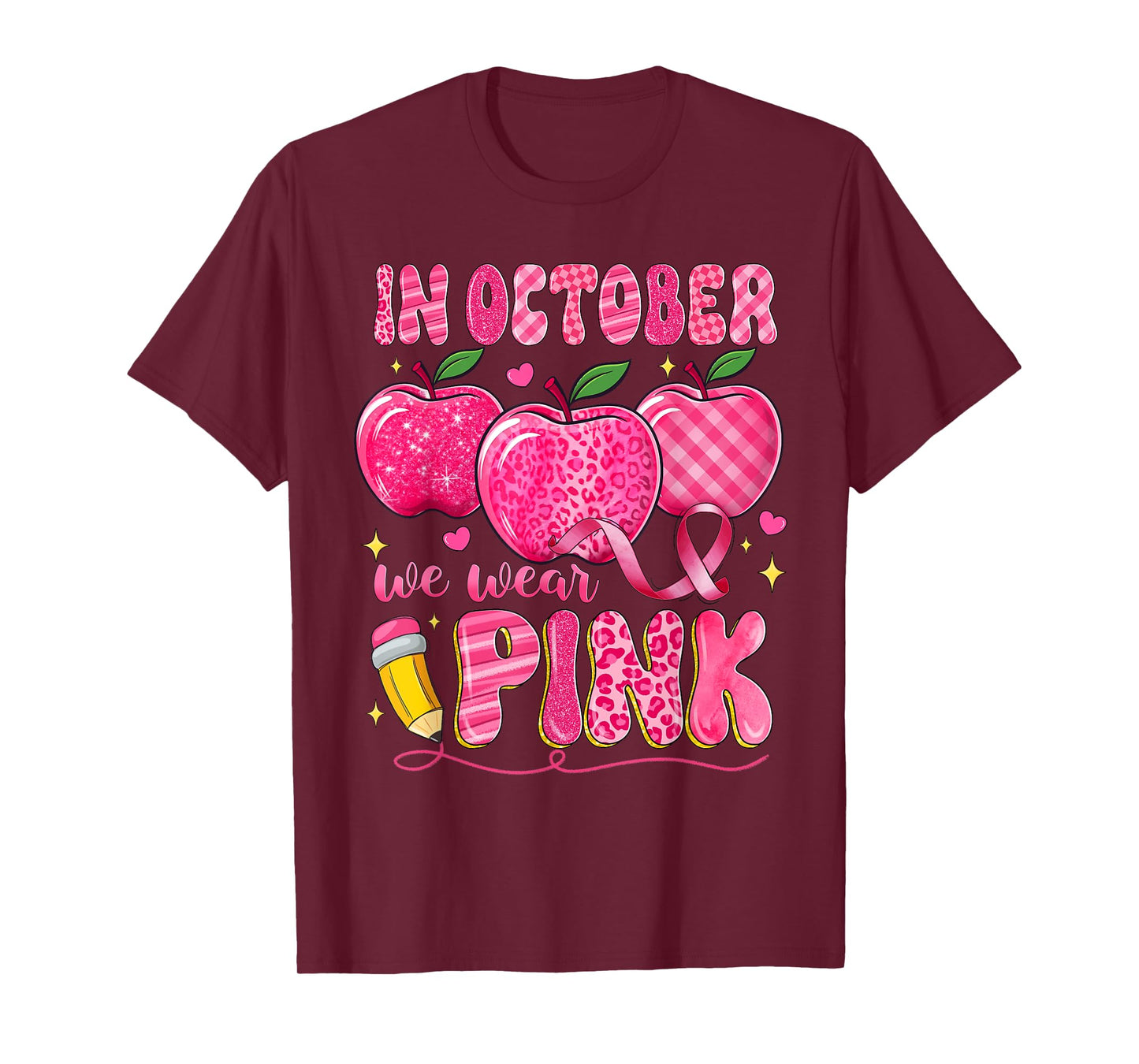 In October We Wear Pink Apple Teacher Leopard Breast Cancer T-Shirt