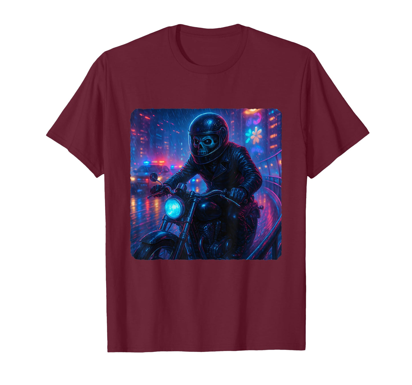 Skeleton Cyberpunk Rider Motorcycle Biker Synthwave T-Shirt