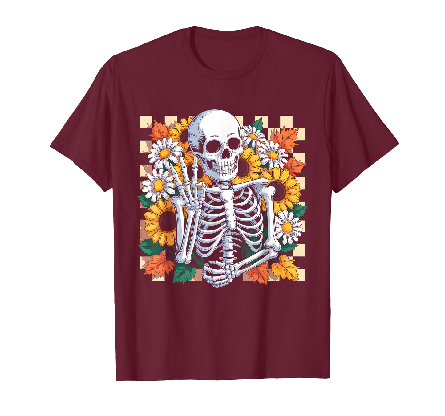 Retro Fall Skeleton Halloween Skeleton Flower Spooky Season T-Shirt